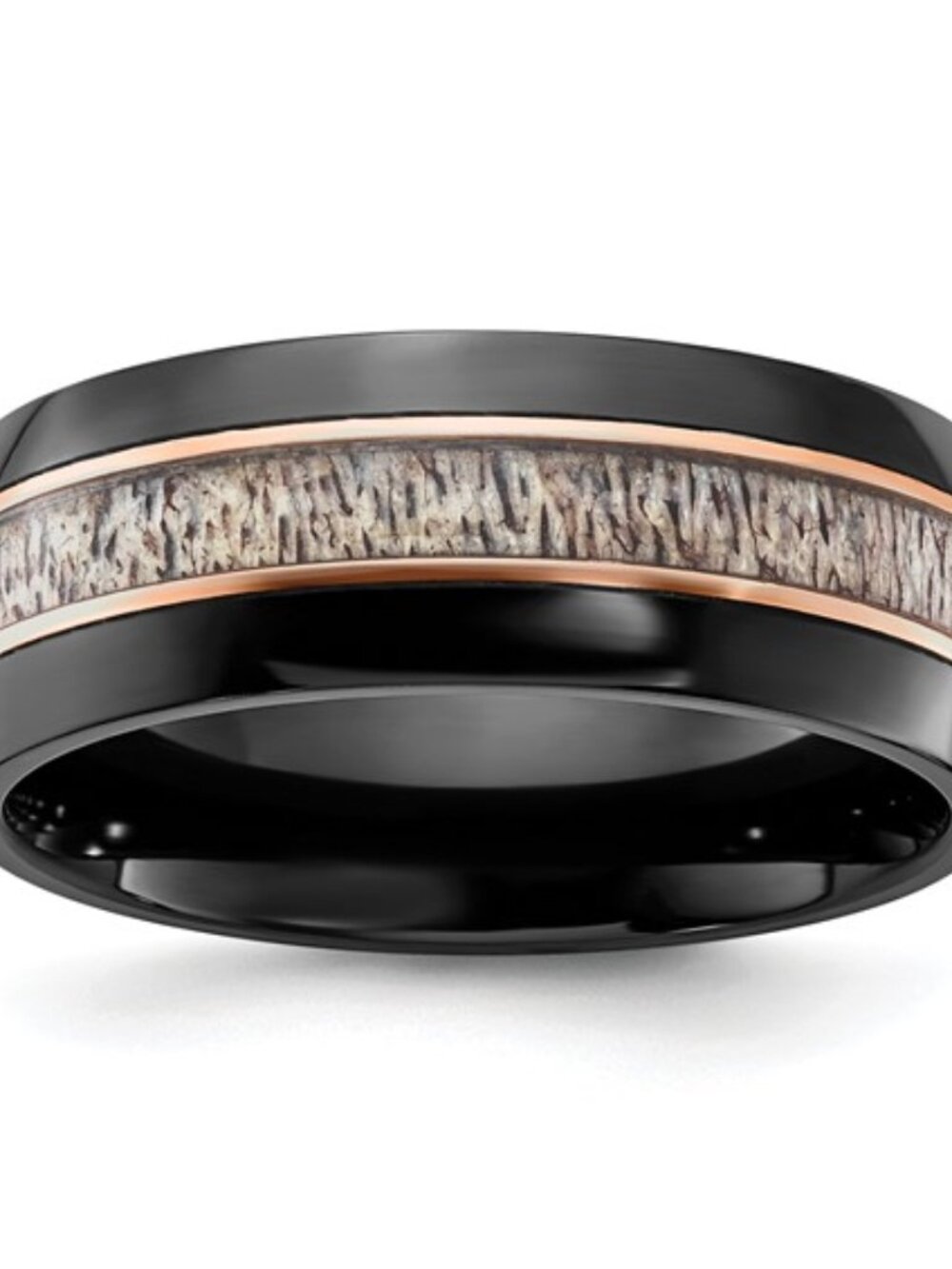 Chisel Black Zirconium Ring 8mm Band Rose Gold Accents & Real Antler Inlay